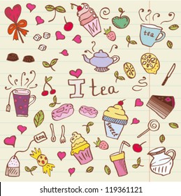 cartoon tea and sweets doodle collection