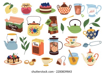 Cartoon tea time  Cute dessert food   hot drink objects  cozy home feast hand drawn elements  cups   mugs and beverages  cakes   pies  honey   jam  kettles   teapot tidy vector set