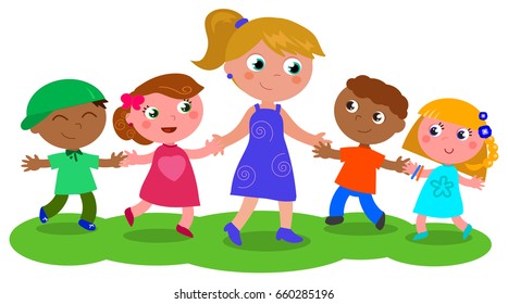 Cartoon teacher or baby-sitter with boys and girls, vector illustration isolated on white