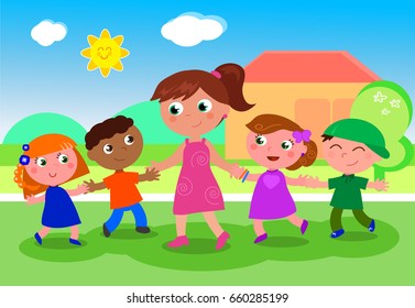 Cartoon teacher or baby-sitter with boys and girls, vector illustration near school