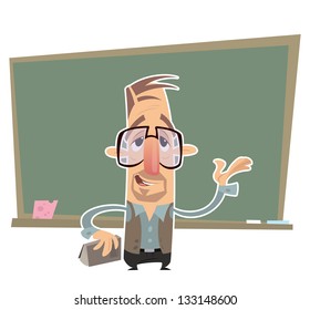 Cartoon teacher with big eye glasses presenting in front of a blackboard