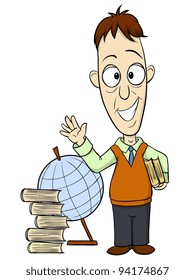 Cartoon teacher with book and globe on background. Vector illustration.