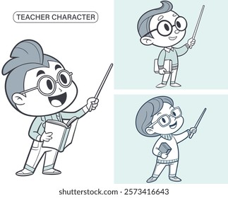 A cartoon teacher character is holding a stick and smiling. There are three different versions of the character