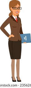 Cartoon teacher character. Smart happy woman in glasses