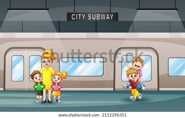 Cartoon\
of a teacher with her student in a train\
station