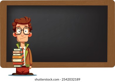 Cartoon teacher holding books standing in front of a blackboard, back to school and education concept