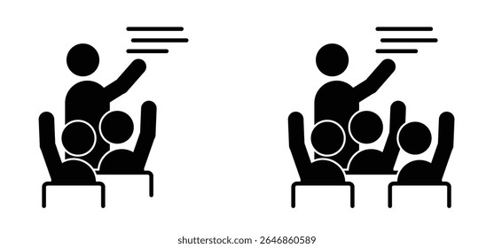 Cartoon teacher or instructor teaches a group of students and asks a question Classroom for study and learning. Raise your hand to ask or answer something to school teacher. Stick figure man.