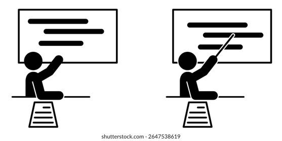 Cartoon teacher or instructor teaches a group of students and asks a question Classroom for study and learning. Raise your hand to ask or answer something to school teacher. Stick figure man.