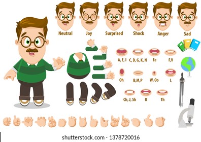 Cartoon teacher man constructor for animation. Parts of body: legs, arms, face emotions, hands gestures, lips sync. Full length, front, three quater view. Set of ready to use poses, objects.