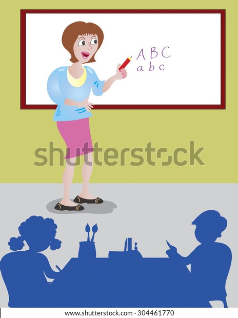 Cartoon Teacher Pointing White Board Classroom Stock Vector (Royalty ...