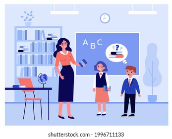 Cartoon teacher and pupils at class flat vector illustration. Female tutor lending out books at school. Education, lesson, back to school concept for banner, website design or landing web page