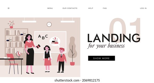 Cartoon teacher and pupils at class flat vector illustration. Female tutor lending out books at school. Education, lesson, back to school concept for banner, website design or landing web page