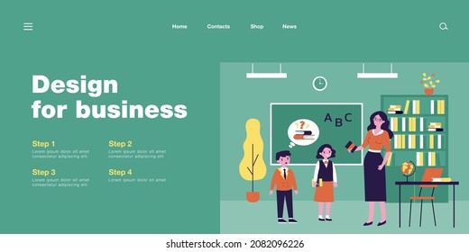 Cartoon teacher and pupils at class flat vector illustration. Female tutor lending out books at school. Education, lesson, back to school concept for banner, website design or landing web page