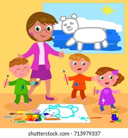 Cartoon teacher with school boys and girls, vector illustration