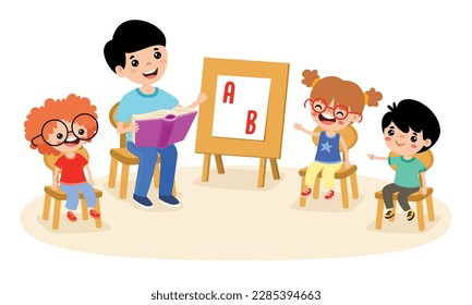 Cartoon Teacher and School Children