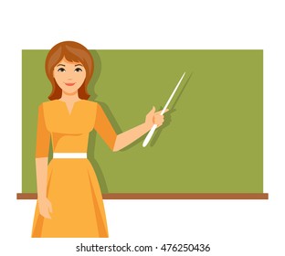 Cartoon teacher stands at the blackboard with a pointer