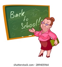 Cartoon teacher stands near the school board. Vector illustration on a white background.