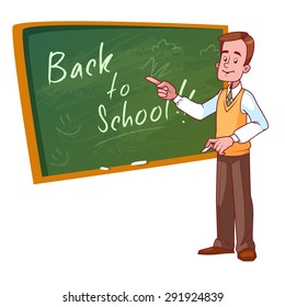 Cartoon teacher stands near the school board. Vector illustration on a white background.