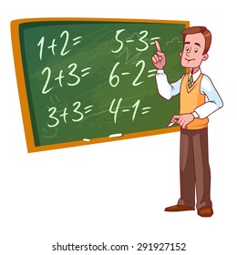 Cartoon teacher stands near the school board. Vector illustration on a white background.