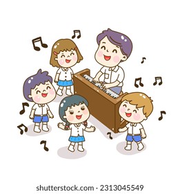 Cartoon teacher and student playing piano.