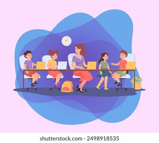 Cartoon teacher and students using laptops in classroom. Woman and school children sitting at desks with computers in class flat vector illustration. Education, technology concept for banner