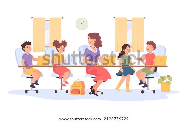 Cartoon Teacher Students Using Laptops Classroom Stock Vector (Royalty ...