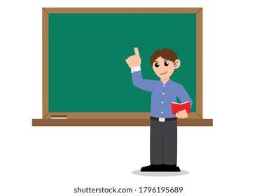 Cartoon teacher teach and stand at classroom. Teacher smile and stare to student.