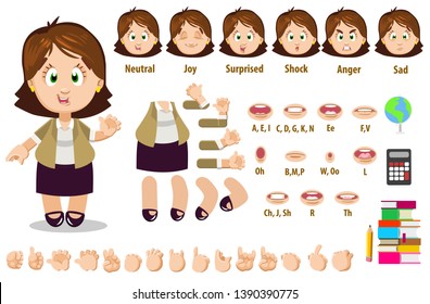 Cartoon teacher woman constructor for animation. Parts of body: legs, arms, face emotions, hands gestures, lips sync. Full length, front, three quarter view. Set of ready to use poses, objects.