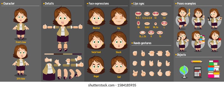 Cartoon teacher woman, employee constructor for animation. Parts of body: legs, arms, face emotions, hands gestures, lips sync. Full length, front, three quater view. Set of ready to use poses, object