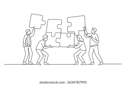 Cartoon of team bringing puzzle together. Concept of teamwork. line art style.