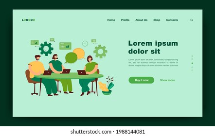 Cartoon team coworking process flat vector illustration..People characters with laptops sitting around table, chatting. Process of office workflow in business company. Teamwork, management concept