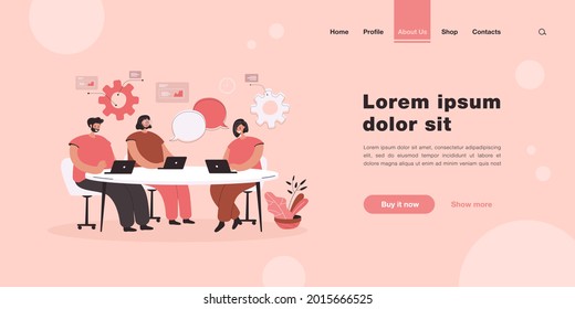 Cartoon team coworking process flat vector illustration..People characters with laptops sitting around table, chatting. Process of office workflow in business company. Teamwork, management concept