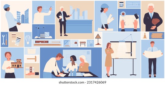 Cartoon team of people with blueprint model of houses and tools in square collage background. Architecture concept. Architects and engineers work on construction projects set vector illustration.