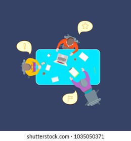Cartoon Teamwork Brainstorming Top View Work Together. Speak Expert at Table Business Development Concept Flat Design Style . Vector illustration of Brainstorm