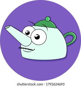 Cartoon teapot character with mustache. Fun simple illustration. 