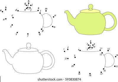 Cartoon teapot. Coloring book and dot to dot educational game for kids