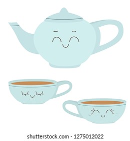 Cartoon teapot and cups with funny faces. Cute tea service. Vector illustration.