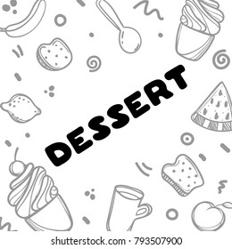 Cartoon teapot with food on white background. Hand drawn illustration. Pastry concept. Dessert time.