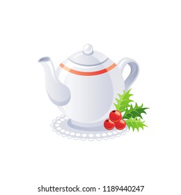 Cartoon teapot with holly, Christmas tea icon. Flat vector illustration isolated on white background, for Merry Xmas card, logo, poster and more winter holiday designs.
