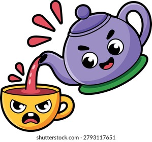 Cartoon teapot pouring red liquid into a scared yellow cup