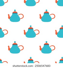 cartoon teapot seamless pattern isolated on white background, teapot wrapper or wallpaper for gift, cafe or restaurant decoration