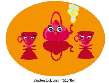Cartoon teapot and two cups. Illustration.