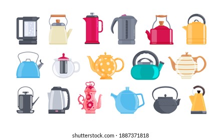 Caricatura tetera agua hervidor de agua utensilios de cocina para preparar un set de té. Teaketles eléctricos modernos, teteras de porcelana vintage y clásicas de formas diferentes y formas de ilustración vectorial aisladas en fondo blanco