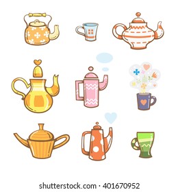 Cartoon teapots and cups set.  Various dishes.  Useful drinks. Vector image. 