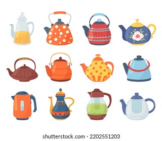 Cartoon teapots and kettles. Tea pitcher, coffee jug and ceramic kitchen tools. Decorative crockery items isolated vector Illustration set of kettle tea and pitcher