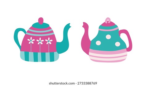 Cartoon teapots. Tea time. Hot, healthy, warming drink in brightly colored teapot. Hand-drawn set ceramic kettle. 