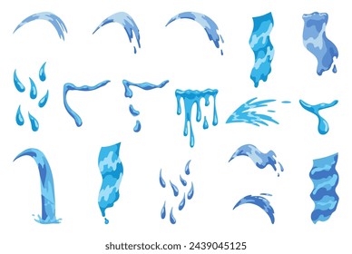 Cartoon tear drops icon set. Sorrow cry streams, tear blob or sweat drop. Crying fluid, falling blue water drops. Isolated vector set for sorrowful character weeping expression. Wet grief droplets