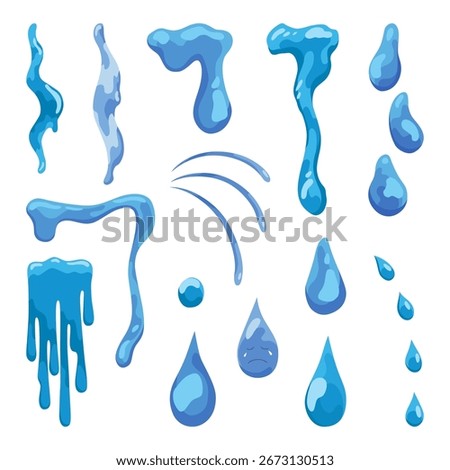 Cartoon tear drops icon set. Sorrow cry streams, tear blob or sweat drop. Crying fluid, falling blue water drops. Isolated vector set for sorrowful character weeping expression. Wet grief droplets