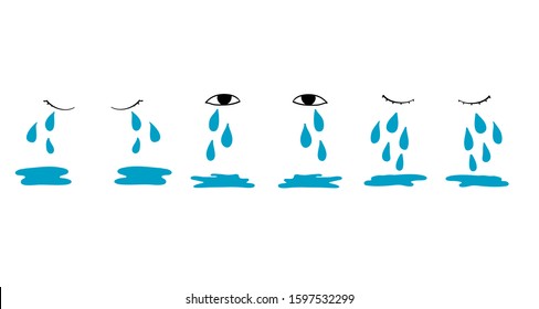Cartoon tear drops and puddles set. Sorrow weeping cry streams, tear blob or sweat drop. eyes tears or rain droplets hand drawn style isolated