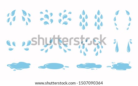 Cartoon tear drops and puddles set. Sorrow weeping cry streams, tear blob or sweat drop. eyes tears or rain droplets